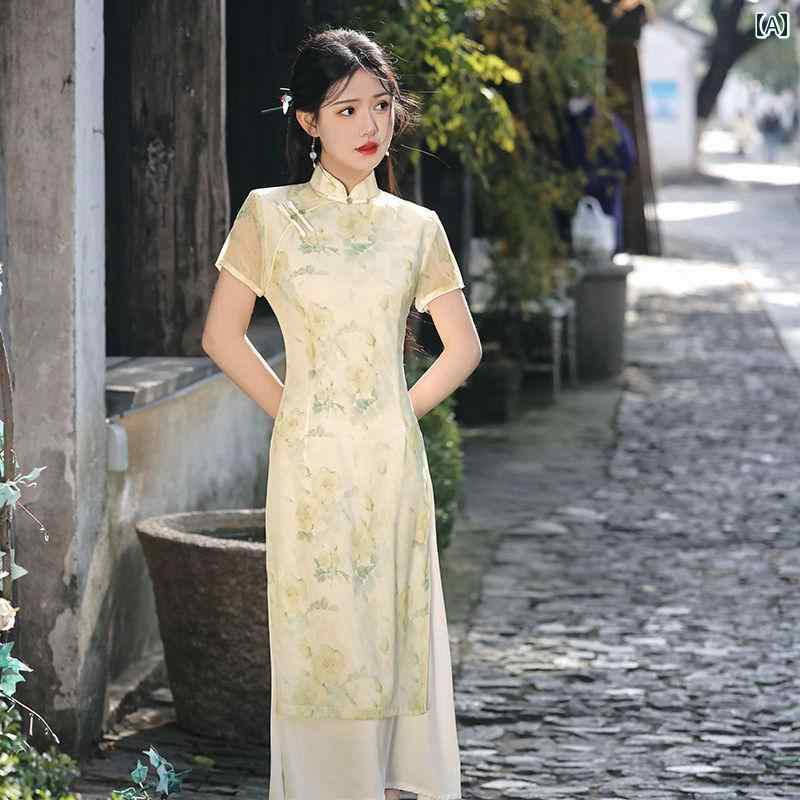 ドレス アオザイ コスプレ 民族衣装 レディース チャイナ 夏 半袖 レトロ エスニック フレッシュ ガールズ 普段使い 日常着