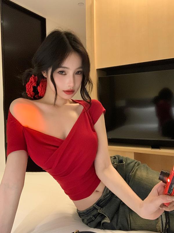 レディース Vネック クロスガール 半袖 Tシャツ 春 ウエスト タイト レッド ショートトップス アメリカン セクシー トップス スリムフィット かわいい