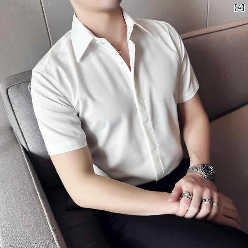シャツ メンズ カジュアル 夏用 半袖 冷感 薄手 フレンチ 風 高級感 ビジネス スリム 隠し ボタン 五分袖
