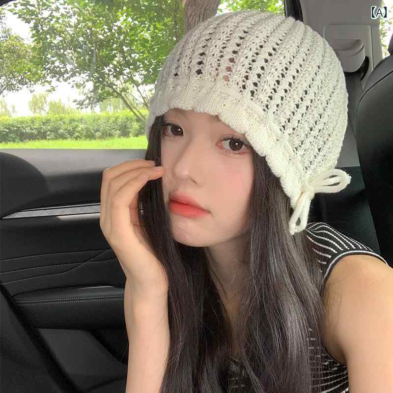 Knit Hat - 帽子 エスニック ボヘミアン レディース リボン 編み ウール 通気性 小さめ キャップ かわいい カジュアル
