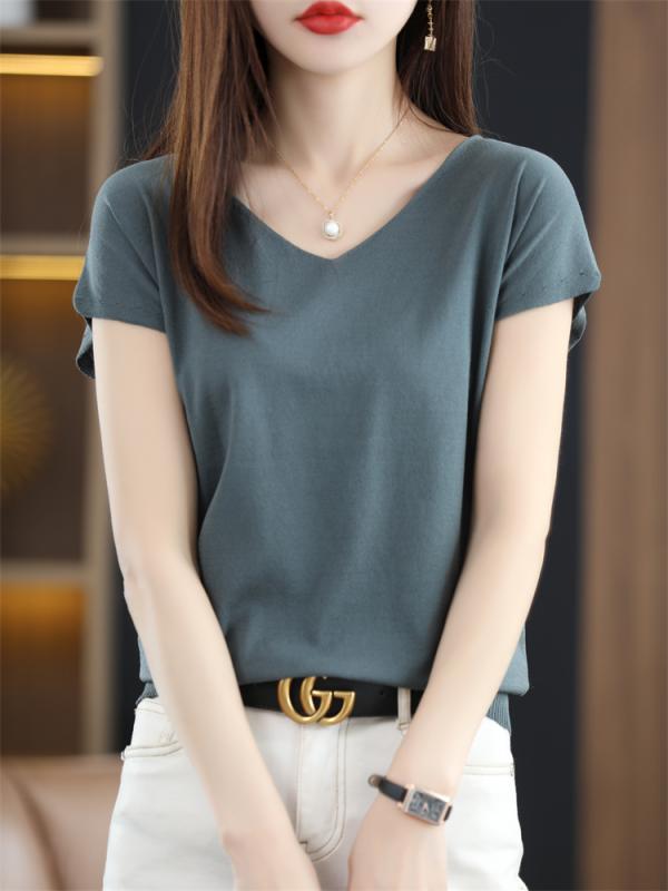 トップス レディース カジュアル おしゃれ シンプル 冷感 Vネック Tシャツ 女性用 ノースリーブプルオーバー 半袖 薄手 セーター
