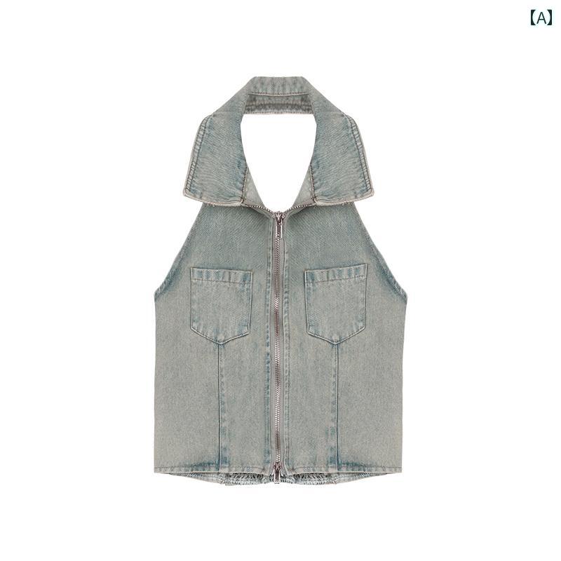 レディース デニムショートトップス ノースリーブ ジッパー ベスト ポロ襟 エレガント きれいめ 肌見せ フェミニン セクシー おしゃれ かわいい デート イベント フェス 女子会 普段使い使い