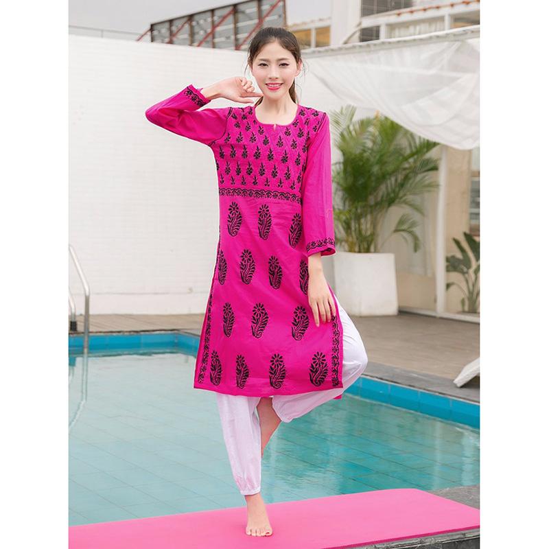 インド ヨガ ウェア 瞑想 ウェア クラシック シンビジウム 綿 手 刺繍 エスニック 服 薄手 ローズレッド(4)