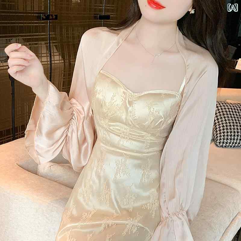 レディース 日焼け防止 カーディガン サスペンダー スカート サマー ショール ブラウス アセテート サテン 長袖 シフォン クロップ トップス