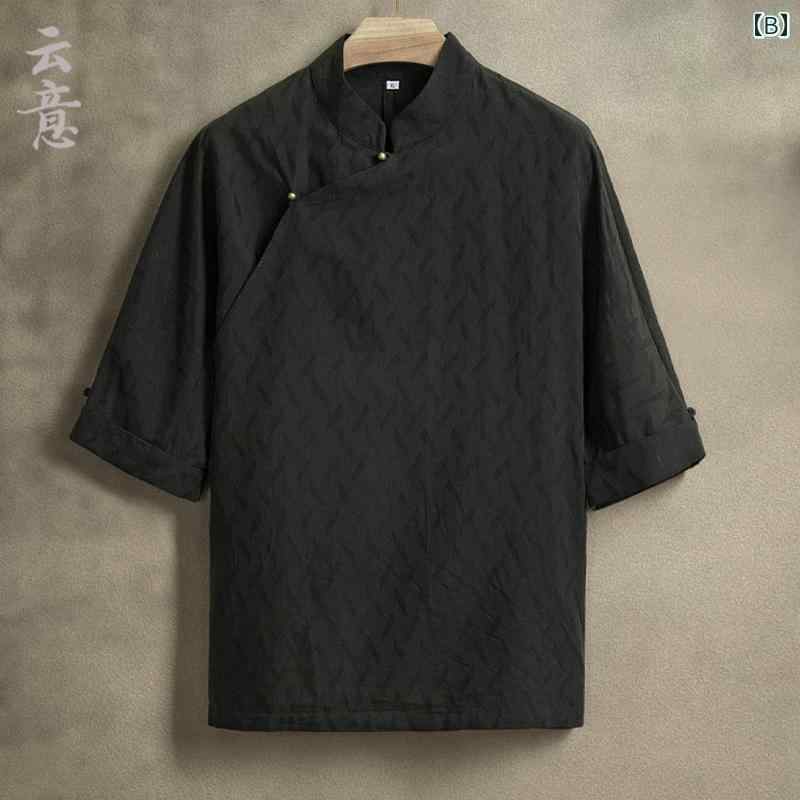 メンズ 夏 カジュアル ファッション 中華風 中国 漢服 斜め ボタン トップス ジャカード 唐 ジャケット レトロ スタンドカラー シャツ 瞑想 スーツ