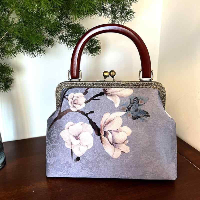 バッグ レディース かわいい おしゃれ バッグ 木 ハンドル ポータブル バッグ 花柄 大容量 バッグ レトロ パーティー ハンドバッグ