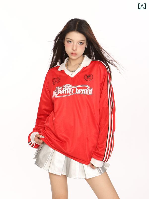 Other - ポロシャツ ジャージ Vネック スウェット ユニセックス 秋 スポーツ カップル トップス ストリート 韓国 ファッション トレンド ロンティー ライン レジャー ペアルック