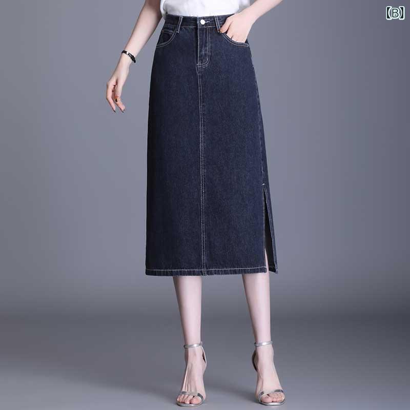 スカート Aライン ミモレ丈 レディース デニム 春秋 スリム ハイウエスト スリット ワン ステップ ヒップライン フィット