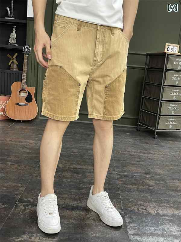 Short, Half Pants - メンズ 夏 カジュアル パンツ デニム ハーフ サマー 半ズボン 薄手 デニムショート 弾性 ミッド ズボン 五分丈 スプライシング 作業着 アウトドア