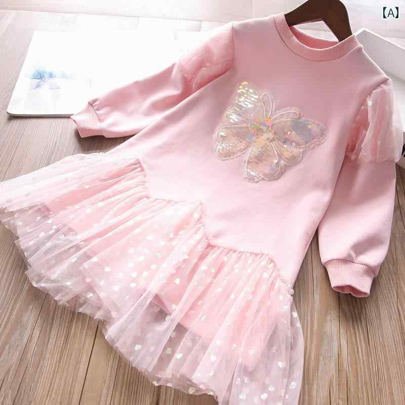ワンピース かわいい 子供服 幼児 女の子 ドレス 春秋 スパンコール セーター スプライシング メッシュ 子供 蝶 プリンセス スカート