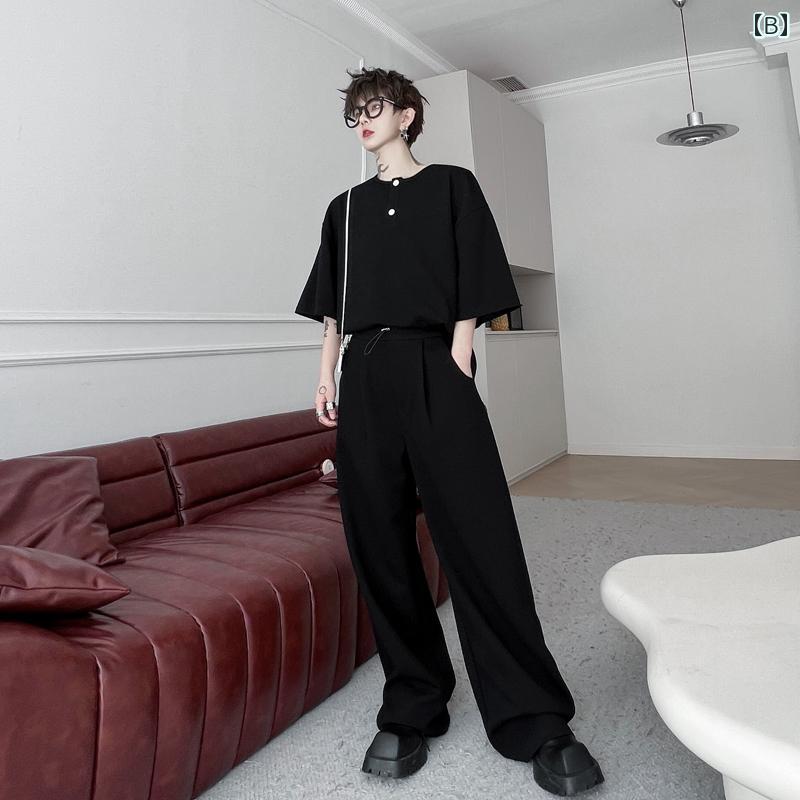 メンズ セットアップ 夏 メンズ 装飾 半袖 Tシャツ 上下セット ロングパンツ シンプル ワイドレッグパンツ 2点セット