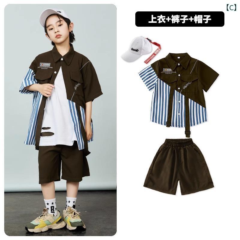 セキュアデポの子供服 ヒップホップ パフォーマンス ジャズ ダンス ステージ ステージ ストリート 衣装 子供 キッズ 男の子 ストライプ シャツ セット 女の子｜アングル3