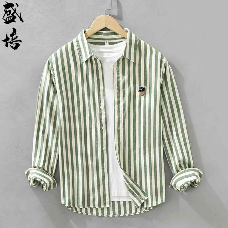 トップス シャツ ジャケット シャツ メンズ フレッシュ ストライプ 長袖 薄手 和風 文学 ファッション ボトム カジュアル ハイエンド