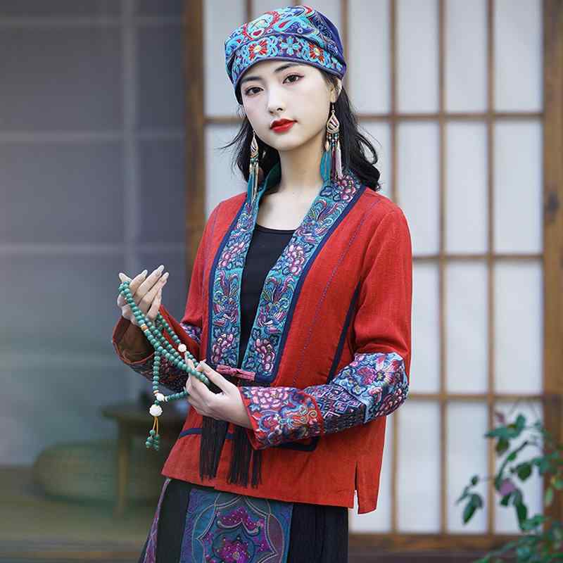 재킷 레이디스 긴팔 아우터 민족풍 자수 한복 에스닉 패치 쇼트 무지 가디건
