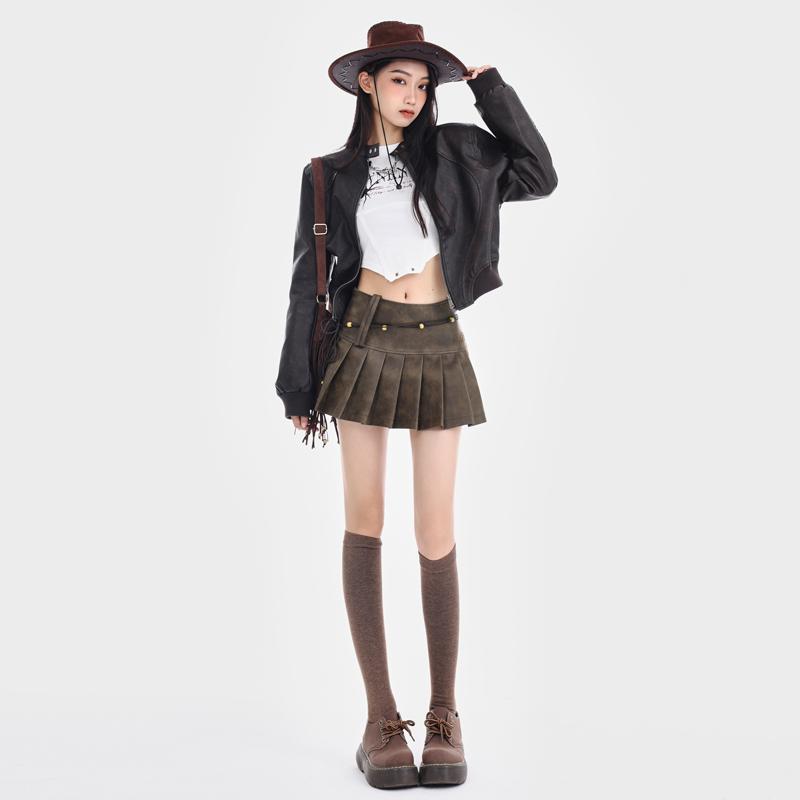 樂天商城 - スカート レディース ボトムス ガーリー スタイリッシュ アメリカン レトロ プリーツスカート 女性 秋 イン ガールズ スリム a ライン レザースカート