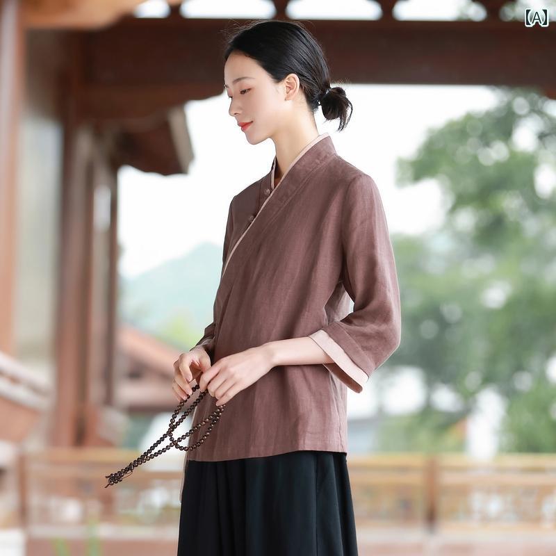 レディース チャイナ風 セットアップ 爽やか リネン 唐装 春夏 茶芸服 作業着 灸 漢服 仏教 瞑想 中国 トップス セット ワイドレッグパンツ ボトムス レディース