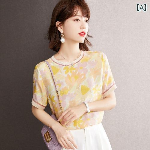 レディース 夏 ブラウス プリント 半袖 T シャツ 美しい シフォンシャツ 爽か 中袖 薄手 トップス