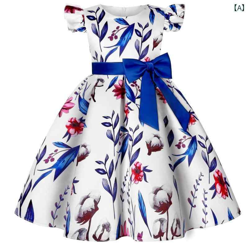 女の子 ボウ プリント ドレス プリンセス 誕生日 パーティー 服 小さい フライング スリーブ ガールズ スカート