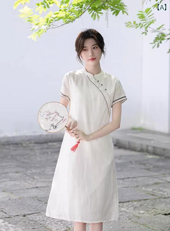Other - レディース 夏 チャイニーズ スタイル ワンピース おしゃれ 上品 婦人服 女性用 中華風 半袖 ドレス 小柄な方 高級感 ラミー チャイナ