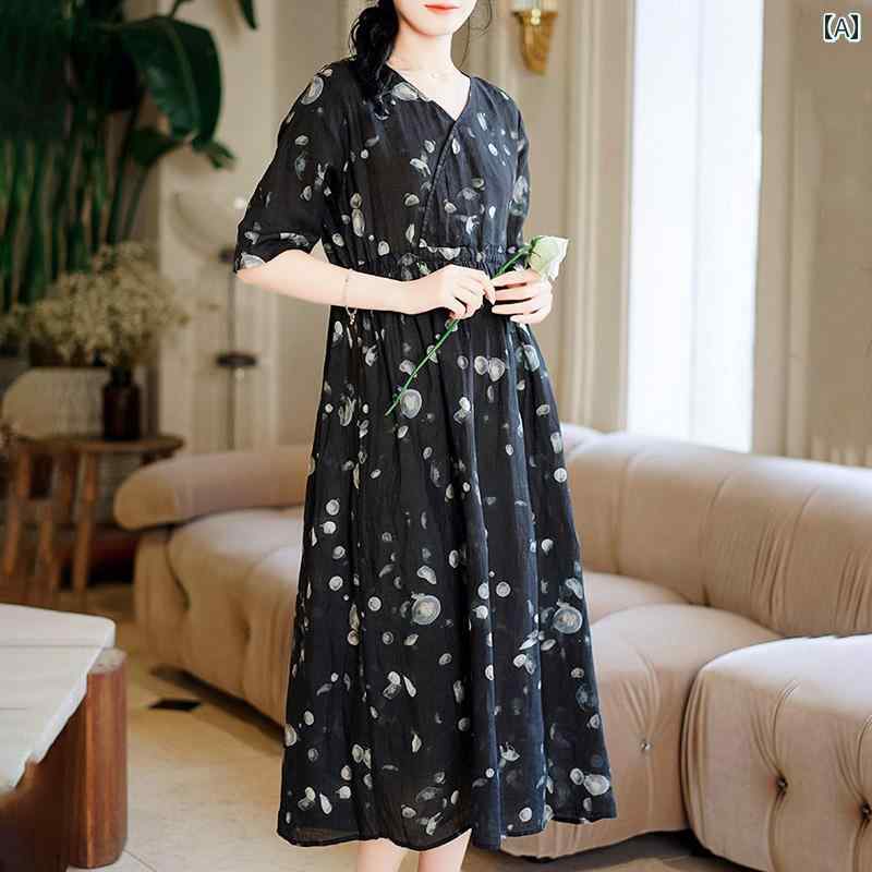 レディース 夏 ゆったり ワンピース ラミー ミッド スリーブドレス 女性 レトロ 綿 リネン スリム ウエスト プリーツ 中華風 ロング スカート