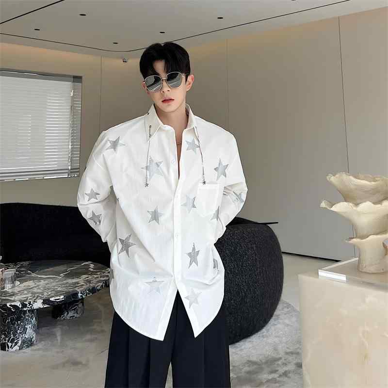 メンズ シャツ トップス おしゃれ ベイ ビーズブレス プリント チェーン シャツ 長袖 韓国 ポインテッドカラー オールシーズン