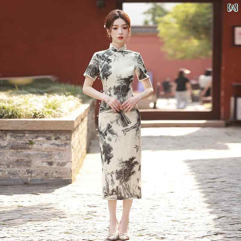 レディース 夏 チャイナ ドレス エレガント ワンピース 撮影 衣装 中華風 レトロ 上品 洗練 ハイエンド 普段使い 日常着 ウェアラブル 半袖 プリント