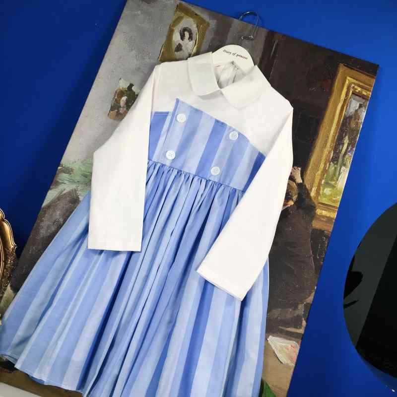 ドレス シャツ ドレス ワンピース かわいい キッズ ファッション 女の子 秋 女の子 大 スタイル ストライプ スプライシング ダブルブレスト 女の子 ピーターパン 襟