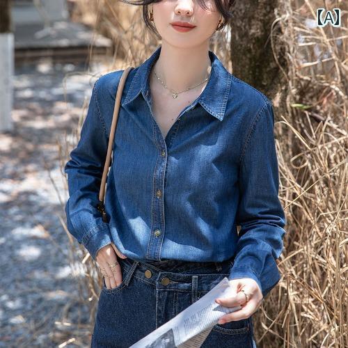 レディース デニムシャツ 長袖 レトロ ジャケット ポロ襟Vネック プルオーバー ヴィンテージ風 ウォッシュド スタイリッシュ リラクシング アーバン カジュアル トリアセテート繊維 シック 春秋