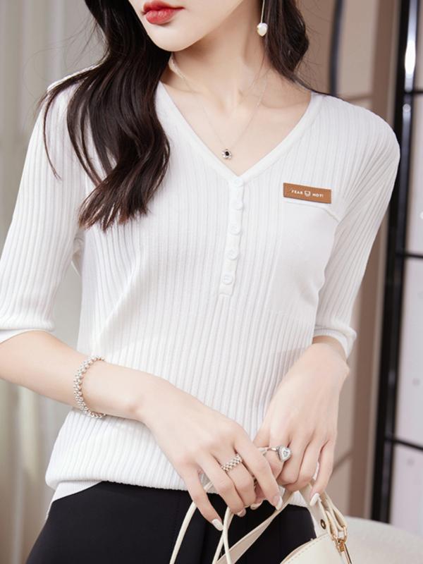 V-Neck - トップス レディース カジュアル セーター スタイリッシュ 冷感 Vネック 半袖 セーター 女性 夏 ストレッチ スリムフィット 大きいサイズ ミッド スリーブ おしゃれ