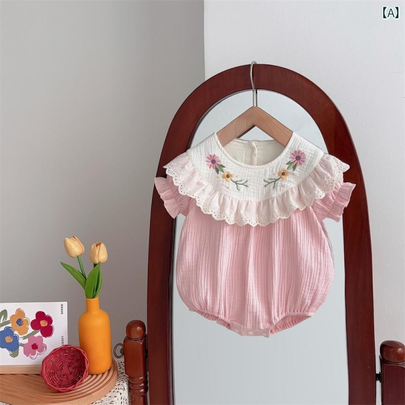 Short Sleeves - ロンパース ベビー服 新生児 夏用 ジャンプ スーツ かわいい 赤ちゃん 夏 だぶだぶ 服 女児 夏 半袖 刺繍 フラワー トライアングル 薄手 外出着