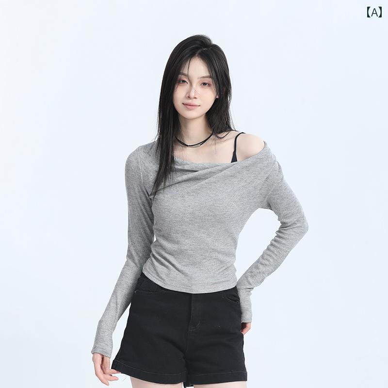 レディース トップス おしゃれ 大きめサイズ 女の子 レディース 秋冬 女の子 スリム レイヤリング シャツ 豪華感 グレー プリーツ オシャレ 斜め肩 長袖 Tシャツ