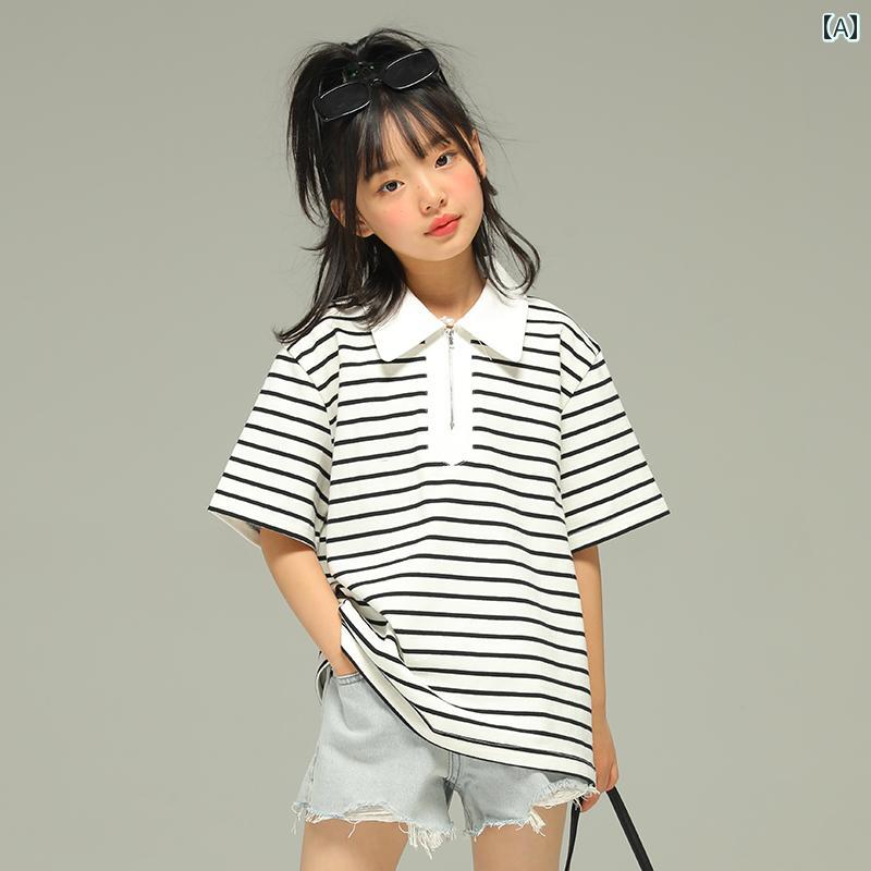 トップス ポロシャツ キッズ おしゃれ ナチュラル 小さい 女の子 半袖 Tシャツ 子供服 夏 スタイル中 大型 子供用 ポロ カラー ストライプ