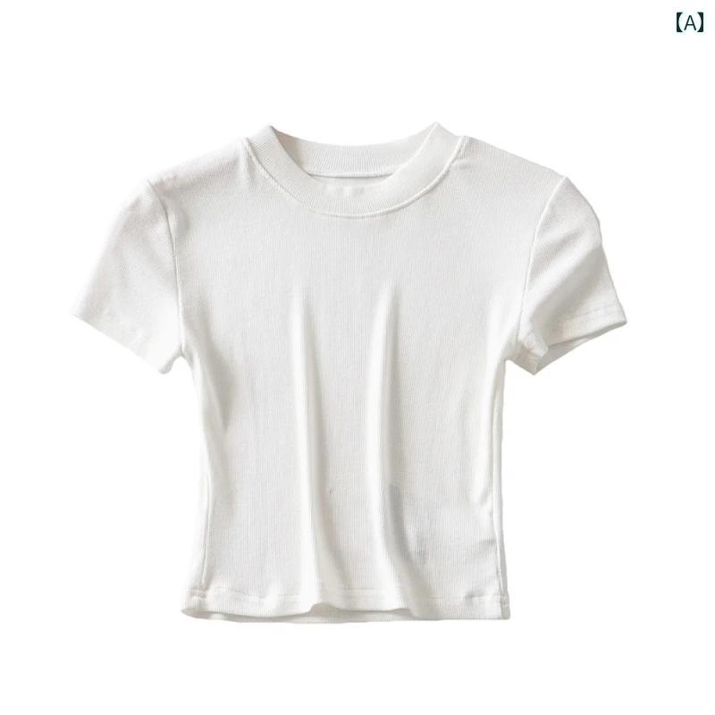 レディース ファッション アメリカン ベーシック レトロ スモール ラウンドネック 弾性 スリミング ハイウエスト ショート レッグ レングス 半袖 T シャツ(4)