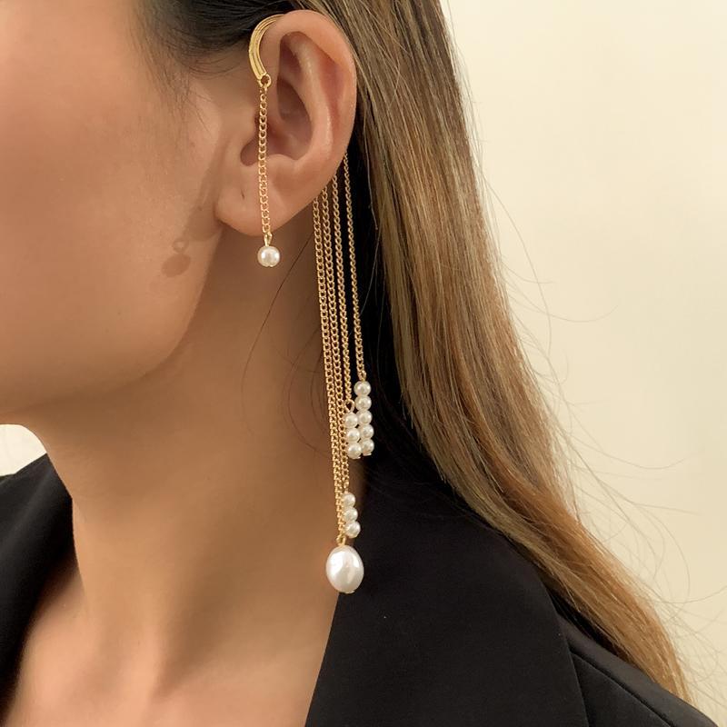 アクセサリー 夏 イヤー クリップ おしゃれ ロング チェーン タッセル 円錐形型 パール ピアス い 女性用 アメリカ 耳 掛け