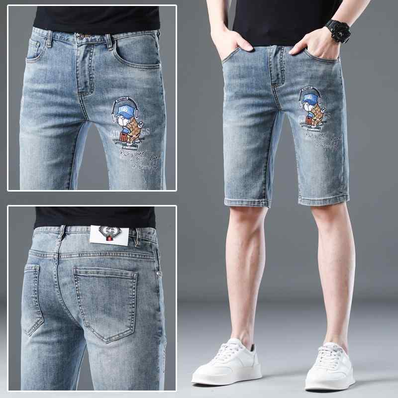 Denim - ジーンズ メンズ ファッション 個性 レトロ 刺繍 プリント 柄 デニム パンツ パンツ 夏 五分丈 ハーフパンツ ダメージ加工 スリムフィット ストレートレッグ