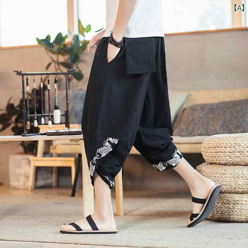 メンズ 中国風 ファッション チャイナ風 夏 クロップドパンツ ビーチ パンツ ひんやり 涼しい 快適 ゆったり 大きめサイズ ショート パンツ ワイドレッグパンツ