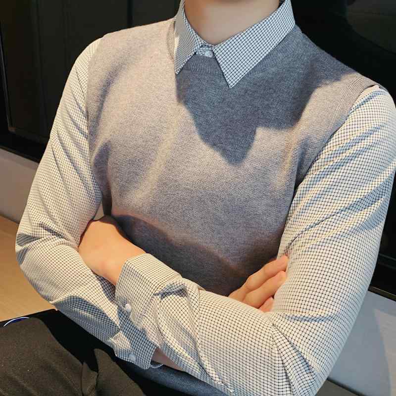 シャツ メンズ 秋 冬 フォーマル ニット 千鳥格子 フェイク ツーピース セーター 襟 ハイエンド セーター スリム ビジネス