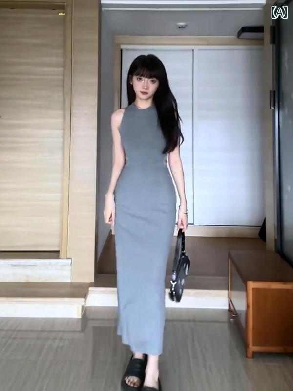 レディース 夏 ワンピース グレー ノースリーブベスト ドレス 軽量 洗練 スリム ヒップ スカート ウエスト ロング