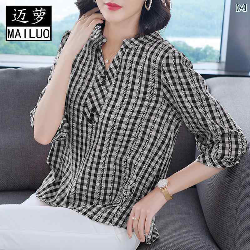 レディース 夏 シャツ トップス ブラウス きれいめ 上品 マザーズ 婦人服 V ネック 女性 千鳥格子 レトロ フランス(4)
