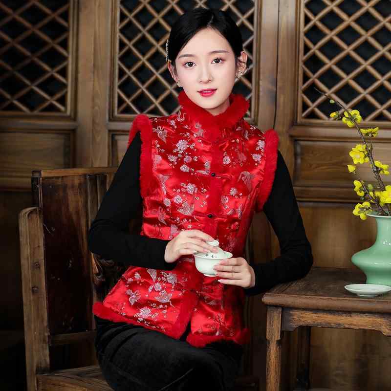 服裝（體育） - ドレス 冬 中国 年 唐装 女性 チャイナ 中華風 赤 中国 トップス レトロ ボタン 小さい 綿 漢服