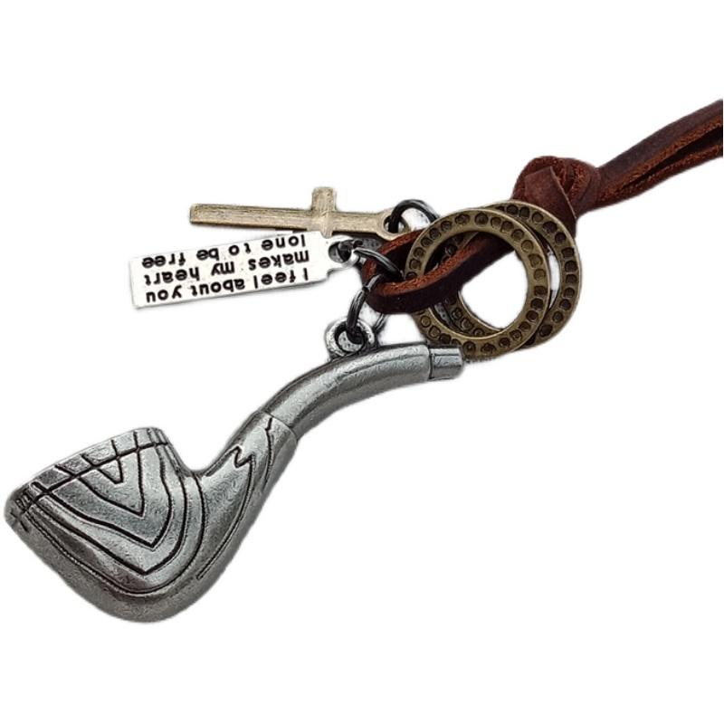 ネックレス レトロ 合金 シルバー 牛革 ロープ パイプ ロング エスニック セーター チェーン ペンダント 衣装 アクセサリー