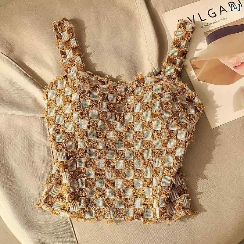 レディース トップス 夏 チェック キャミソール モテ服 お腹見せ レイヤード おしゃれ 女の子 韓国 イ..