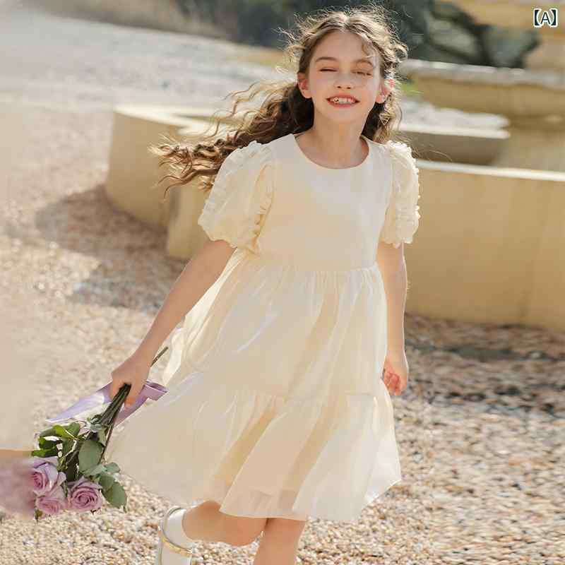 ドレス キッズ ワンピース おしゃれ かわいい 女の子 子供服 サマー プリンセス パフスリーブ サテン ホワイト 子供 誕生日 グリーン