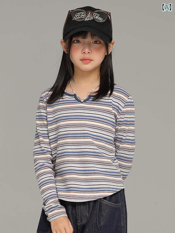トップス シャツ 子供服 おしゃれ ナチュラル 普段着 キッズ 女の子 春秋 ピンストライプ レトロ ラウンドネック 長袖 子供 快適 カジュアル