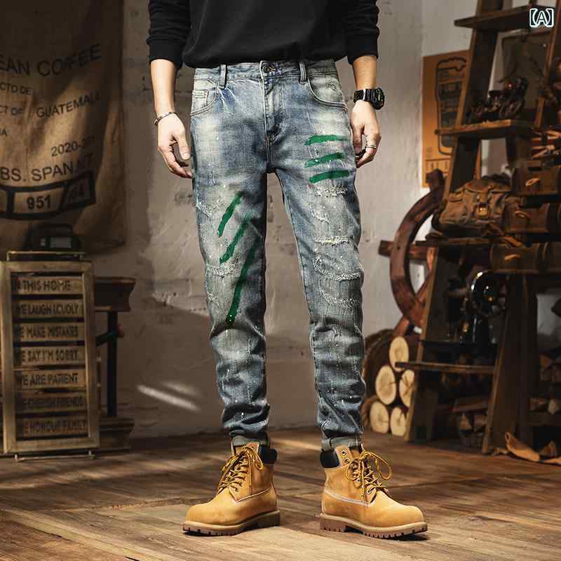 メンズ カジュアル パンツ デニム アウトドア バイク おしゃれ 高級感 リップド ジーンズ スリム ストレート ファッション グラフィテ..