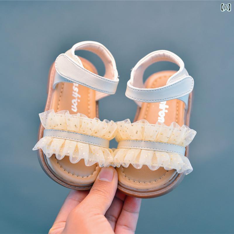 ベビー サンダル 幼児 夏 赤ちゃん ステップ イン シューズ 靴 レディース オープントゥ フリル プリン..