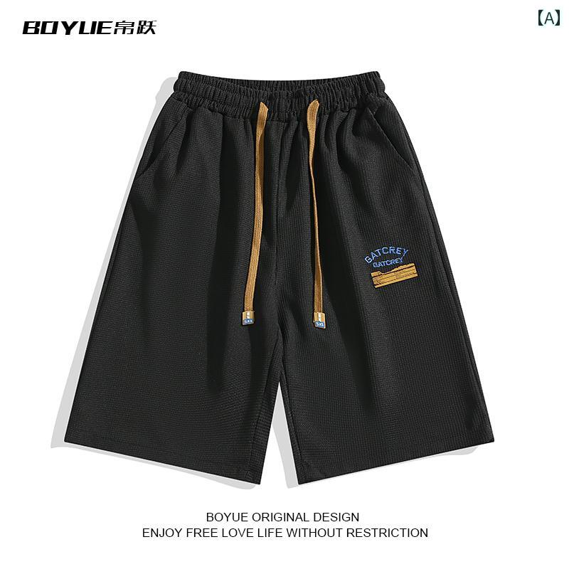 Short, Half Pants - メンズ 夏 カジュアル パンツ ハーフ バスパン カレッジ ワッフル 文字 刺繍 ショーツ ランニング スポーツ