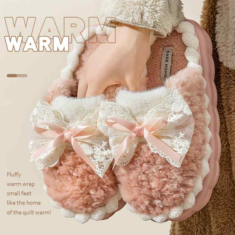 レディース 靴 シューズ オールシーズン 韓国 リボン もこもこ 暖かい 秋冬 屋内 スリッパ ホーム リボン レース