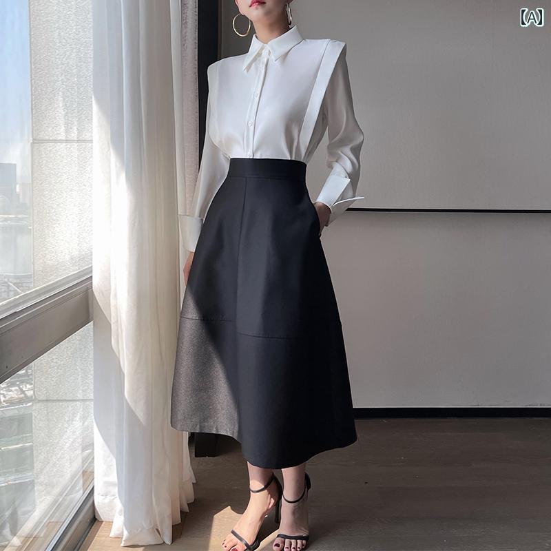 レディース スカート 幅広フレア 春秋 黒 レトロ ヘボン風 シンプル Aライン ハイウエスト ロングミディ丈 カジュアル エレガント クラシック モダン フェミニン スタイリッシュ