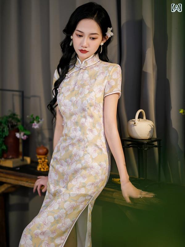 チャイナドレス レディース パフォーマンス 撮影 薄手 チャイナ エレガント シンプル レトロ 中華服 中国風 民族風 パーティドレス 大きめサイズ